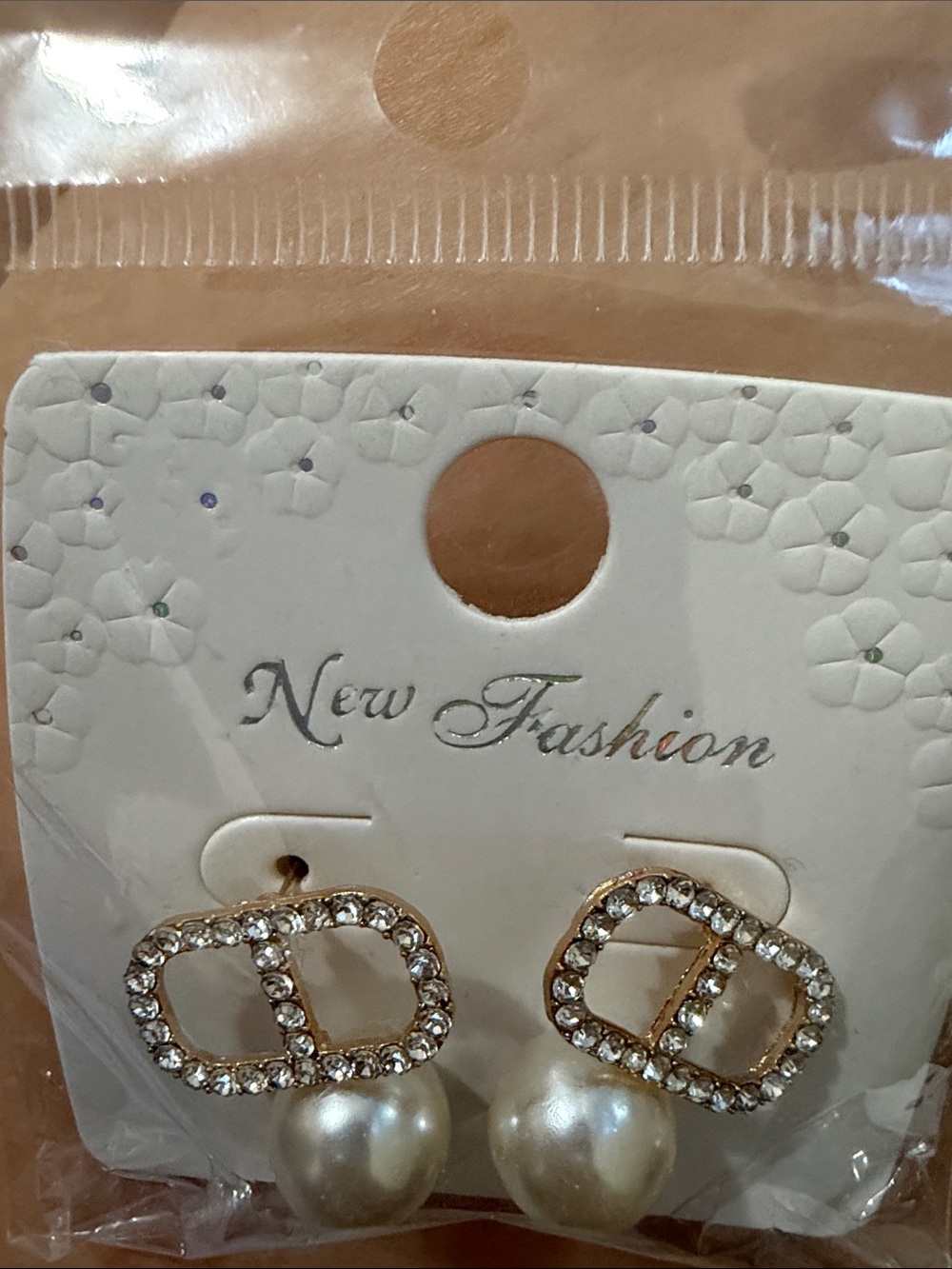 Gold Rhinestone Pearl Drop Earrings - Women Jewelry - Picture 3 of 3